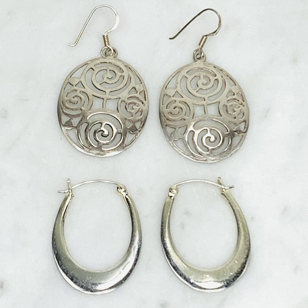 925 Sterling Silver Earrings Set of 2 Pairs Oval Flat Hoop Filigree Drop EUC